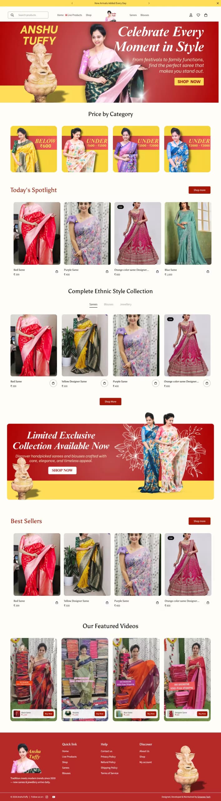 Anshu Tuffy Sarees live store homepage built by Growww Tech