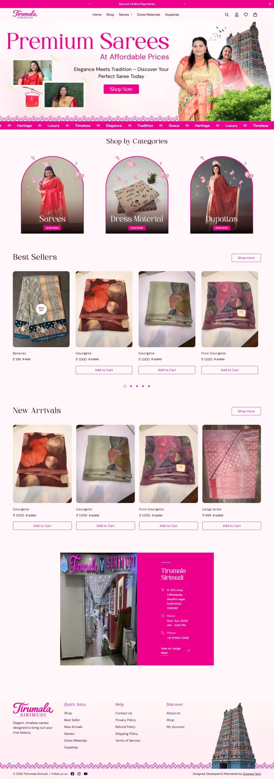 Thirumala Saree Collection live store homepage built by Growww Tech