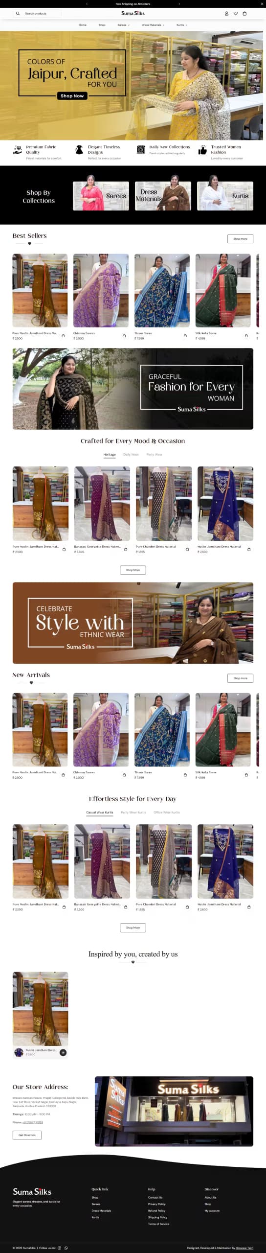 Suma Silks live store homepage built by Growww Tech