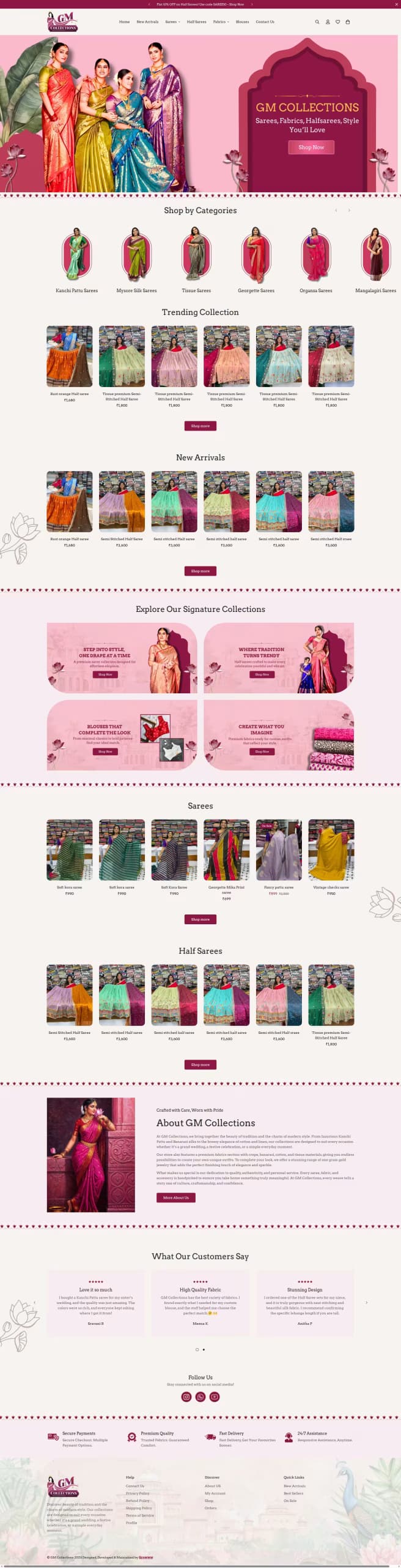 GM Collections live store homepage built by Growww Tech