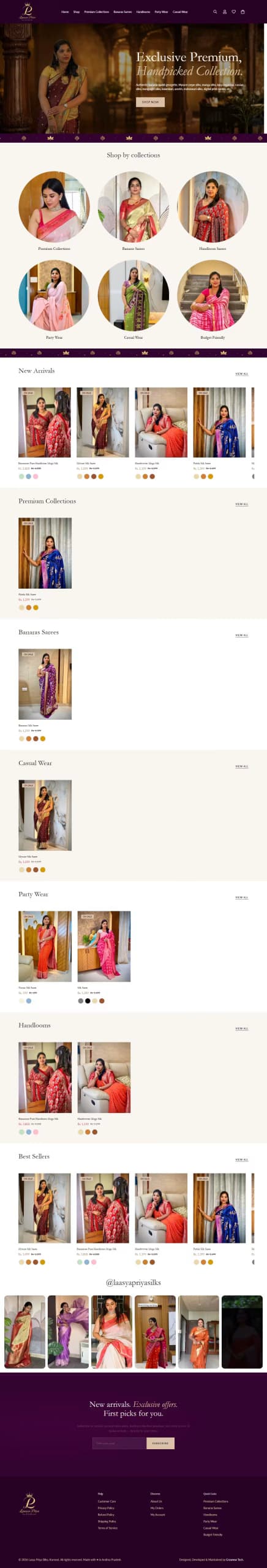 Laasya Priya Silks live store homepage built by Growww Tech