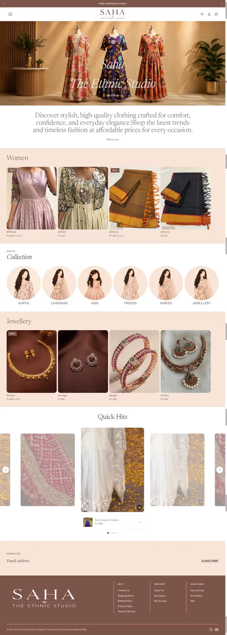 Essence Ethnics live store homepage built by Growww Tech