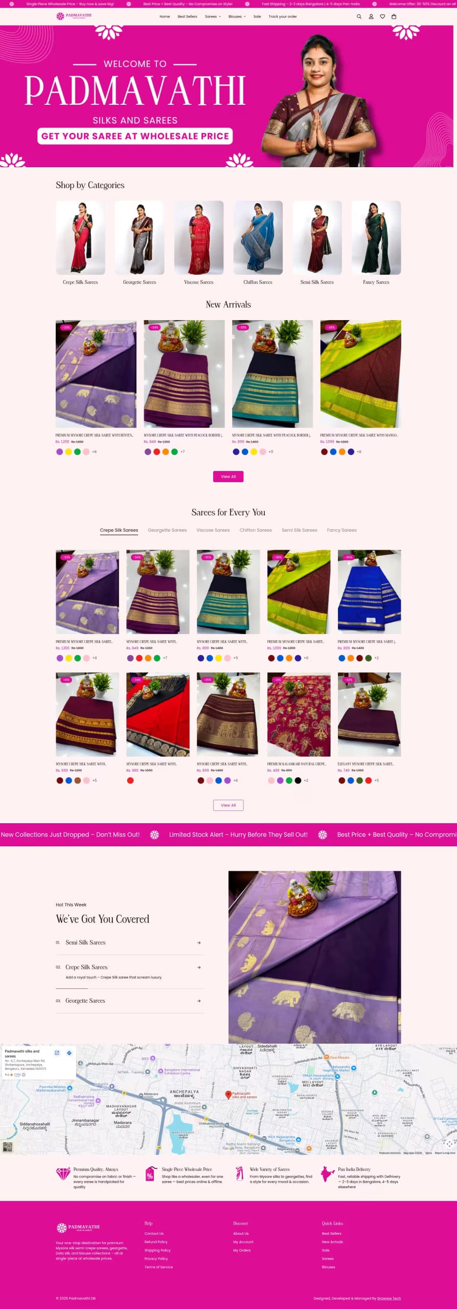 Padmawathi Silks & Sarees live store homepage built by Growww Tech