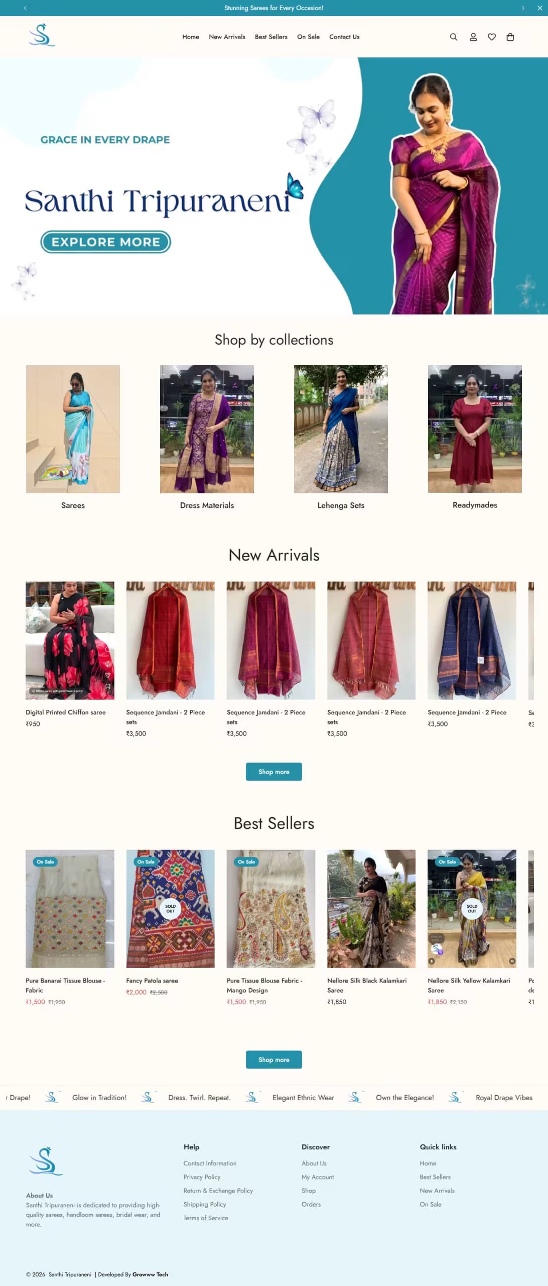Santhi Tripuraneni live store homepage built by Growww Tech