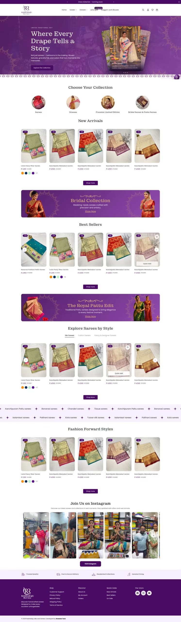Radha Raju Silks and Sarees live store homepage built by Growww Tech