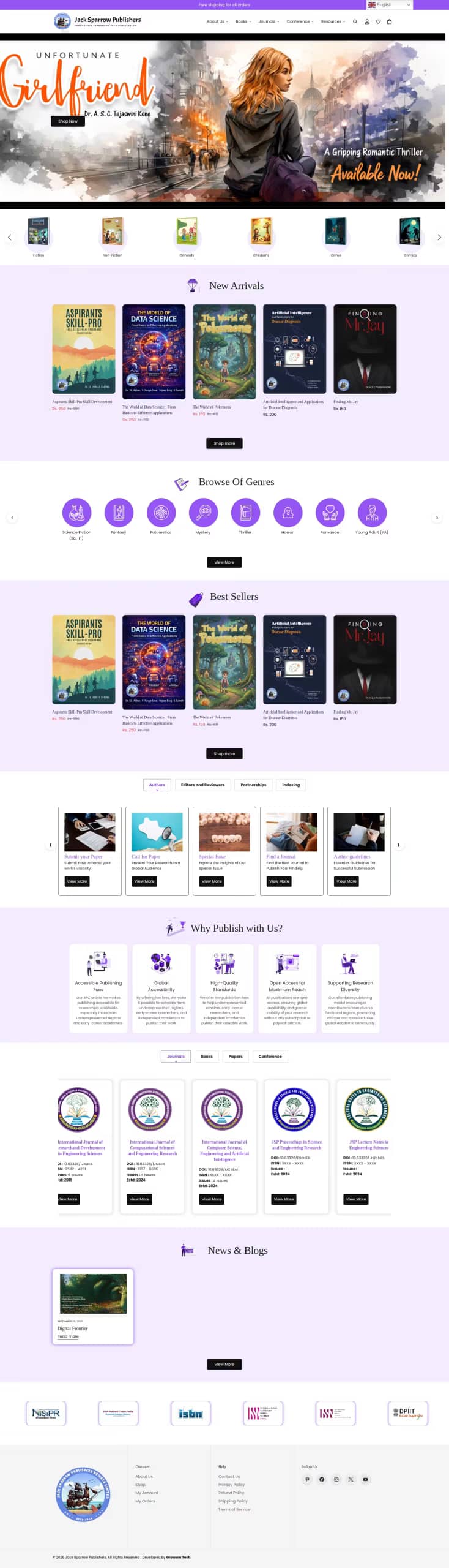 Jacksparrow Publishers live store, built by Growww Tech