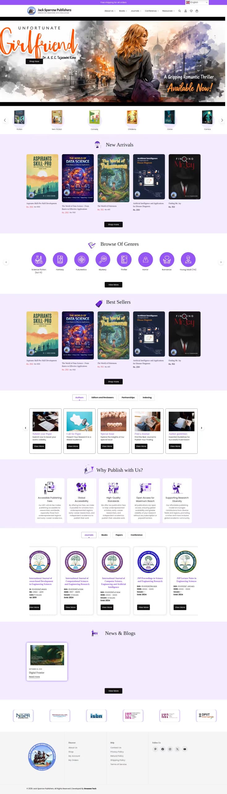 Jacksparrow Publishers live store homepage built by Growww Tech