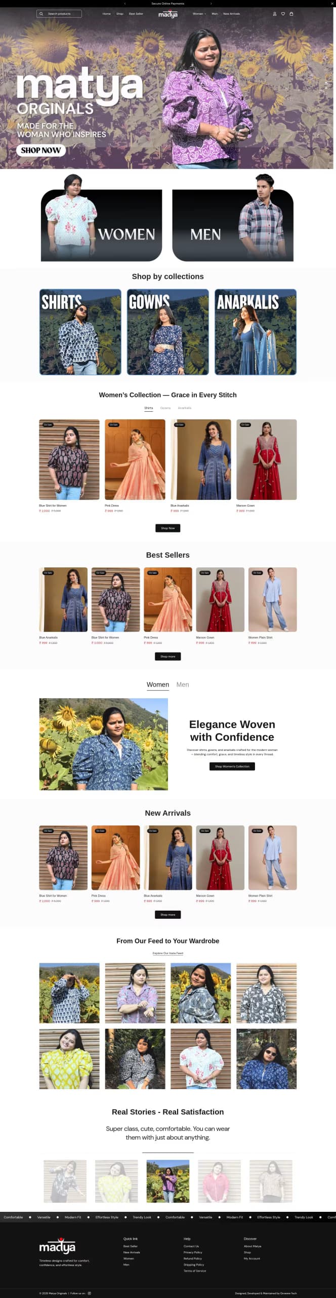 Matya Originals live store homepage built by Growww Tech