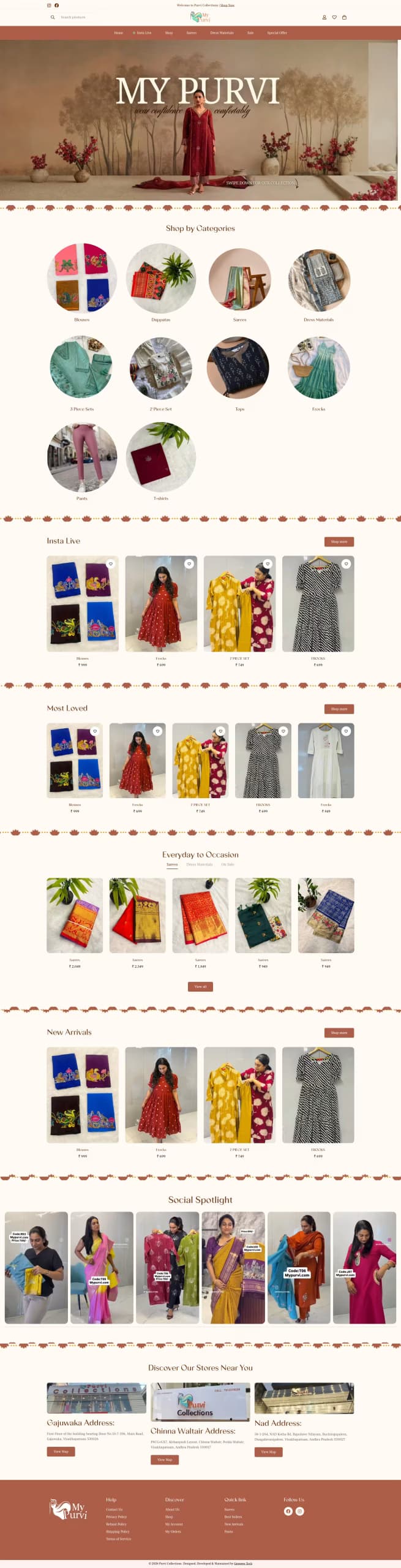 Purvi live store homepage built by Growww Tech