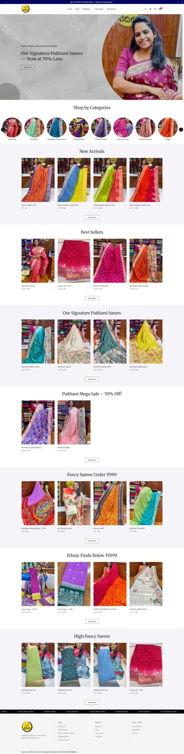 Vastra Vedhika live store homepage built by Growww Tech