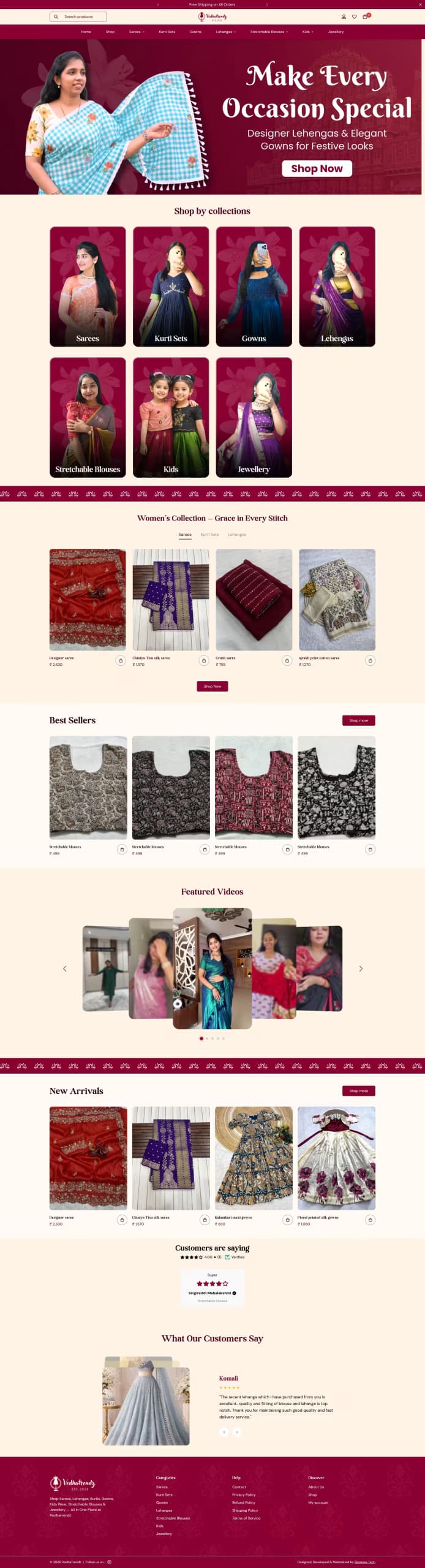 Vedha Trendz live store homepage built by Growww Tech