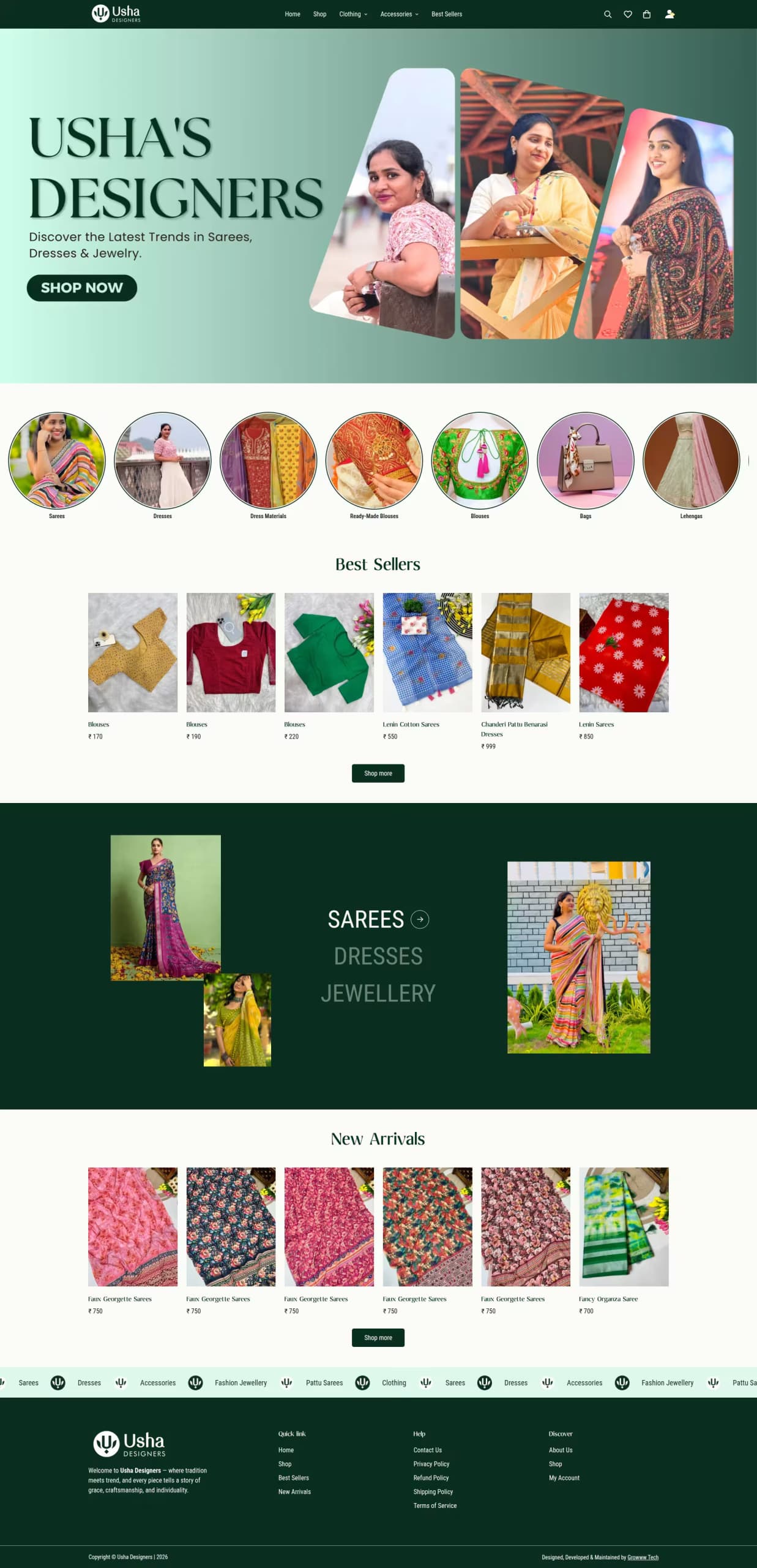 Usha Designers live store homepage built by Growww Tech