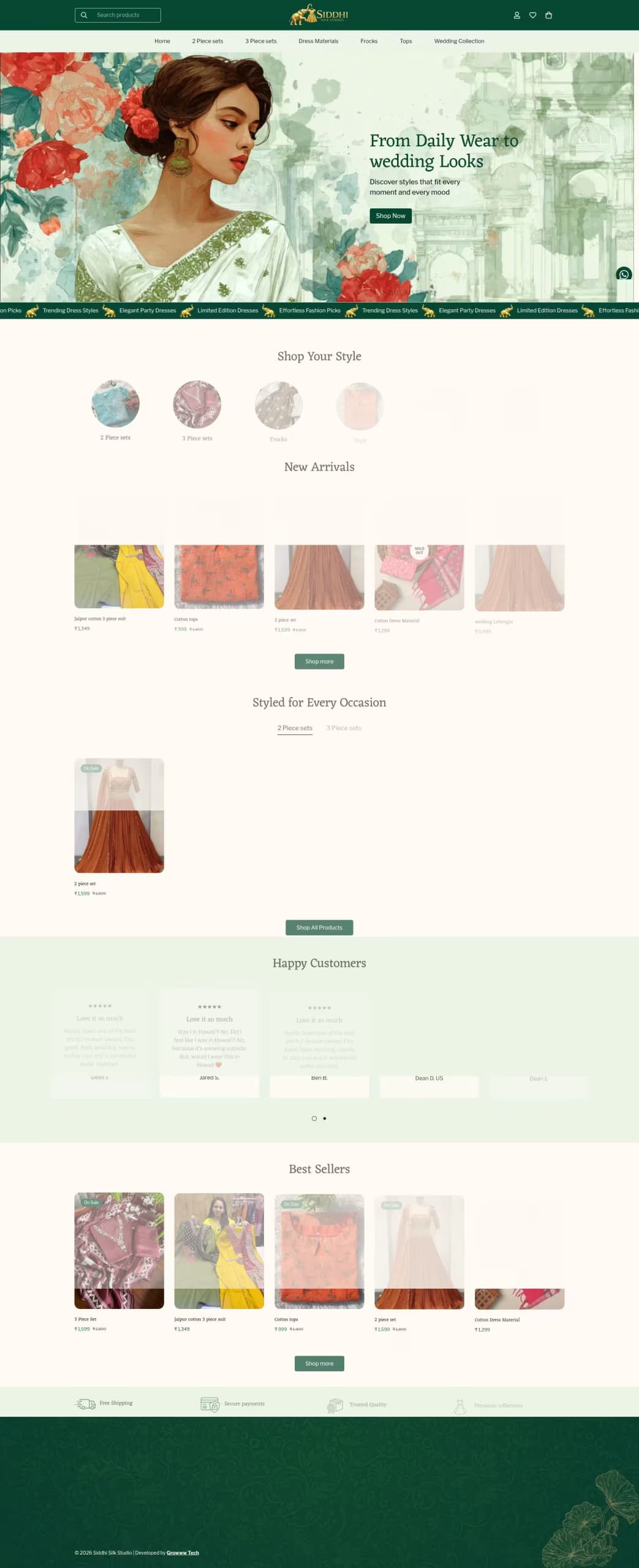 Siddhi Silk Studio live store homepage built by Growww Tech