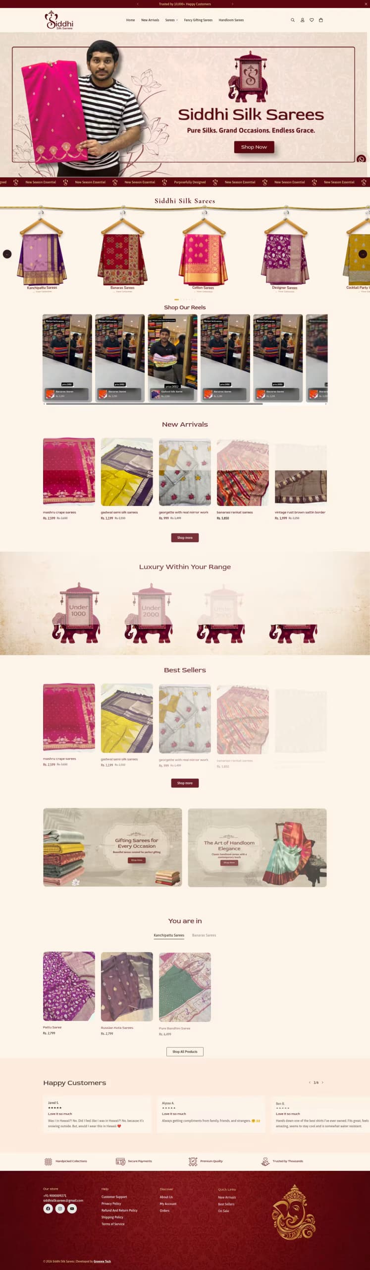 Siddhi Silk Sarees live store homepage built by Growww Tech