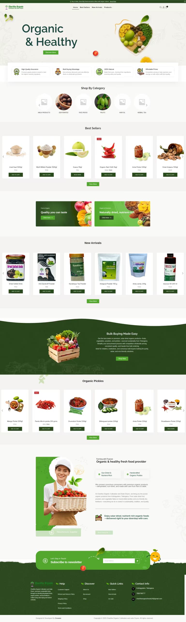 Charitha Organics live store homepage built by Growww Tech