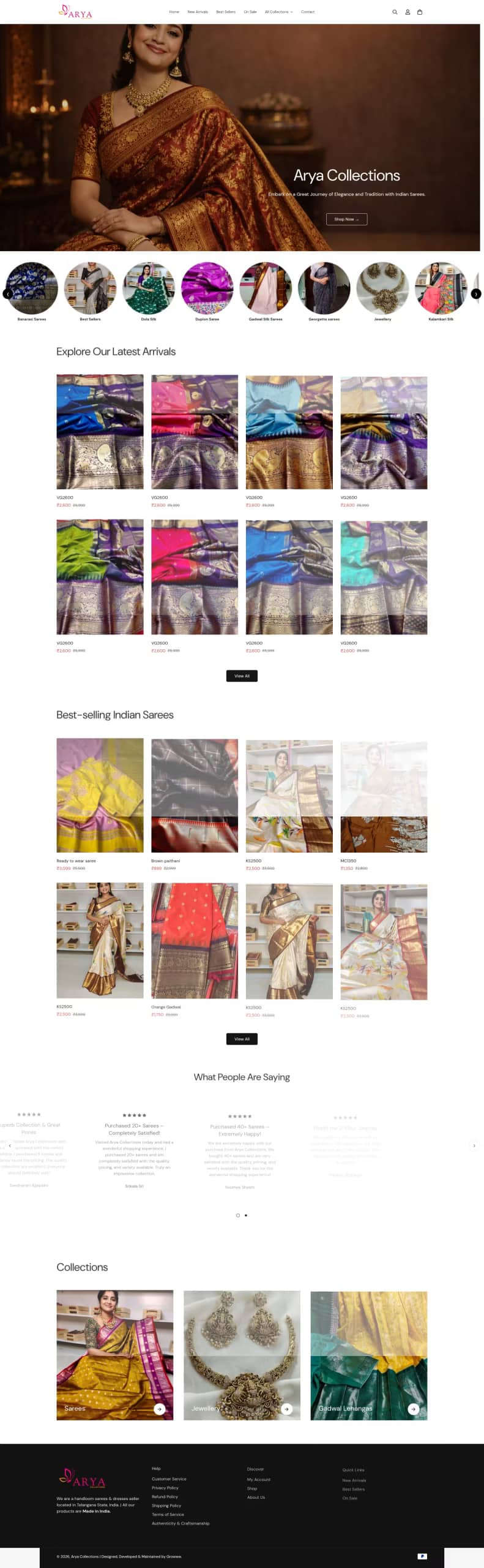 Arya Collections live store, built by Growww Tech
